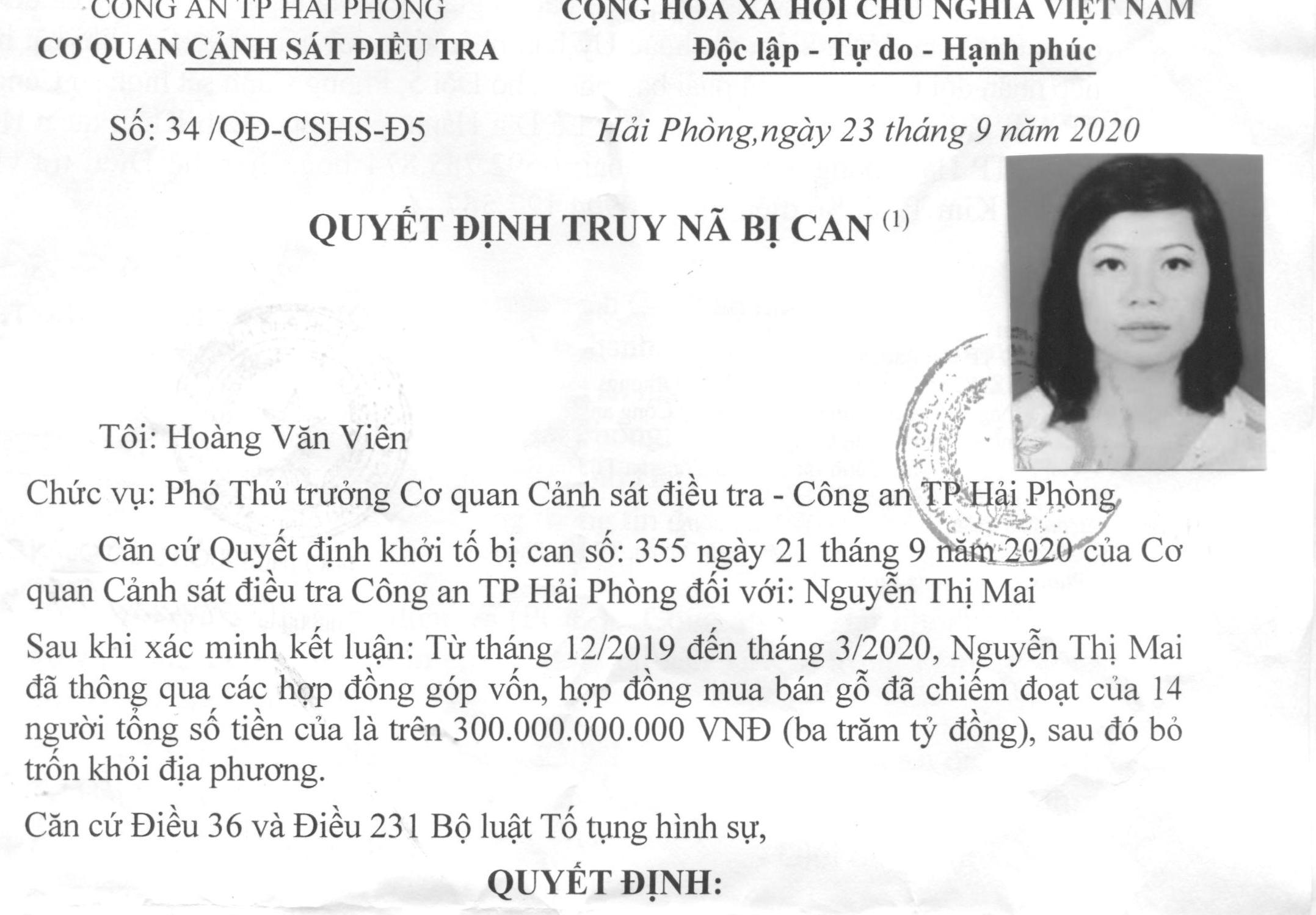 Thông báo quyết định truy nã bị can đối với Nguyễn Thị Mai –Giám đốc Công ty CP ĐTXNK Mai Lâm